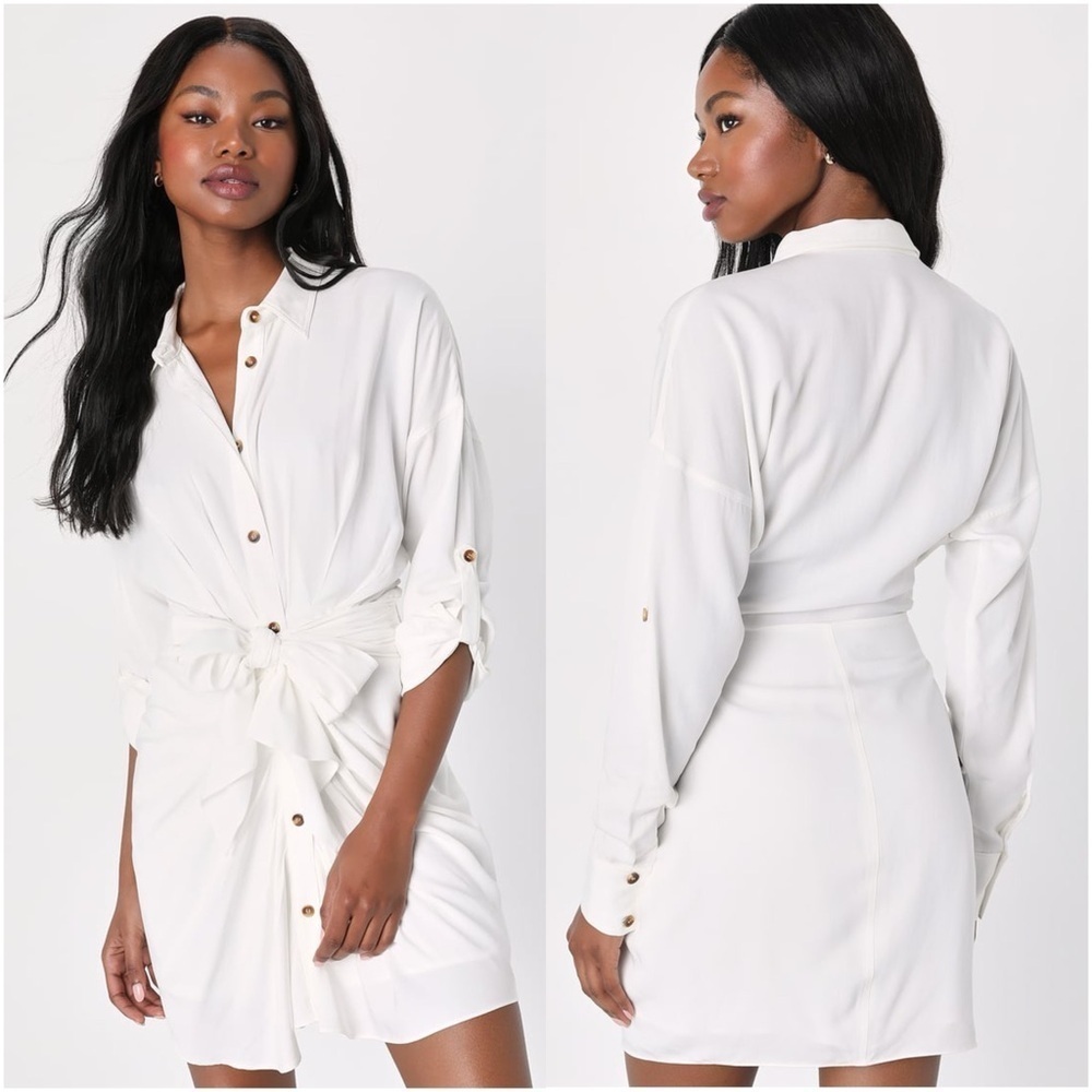 Lulu's White Button-Front Tie-Waist Mini Dress